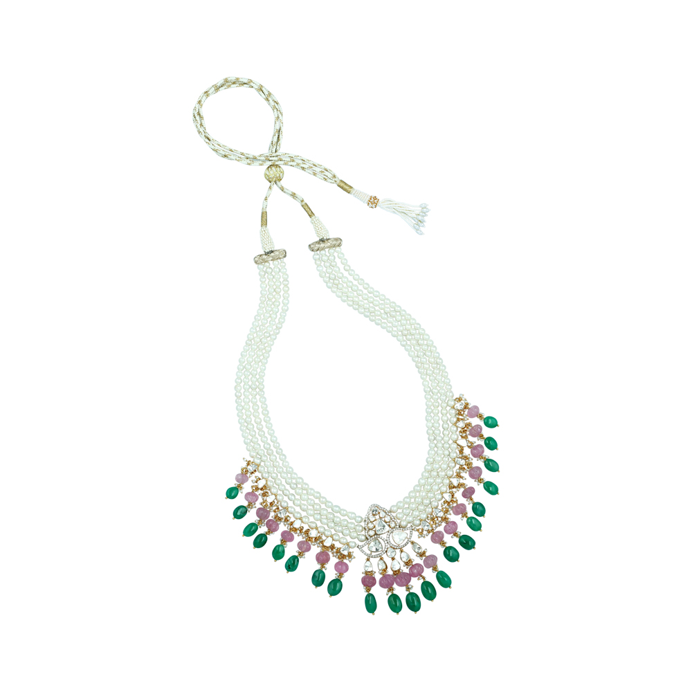 Layered Pearl Necklace with Polki, Emerald, and Rose Quartz Beads